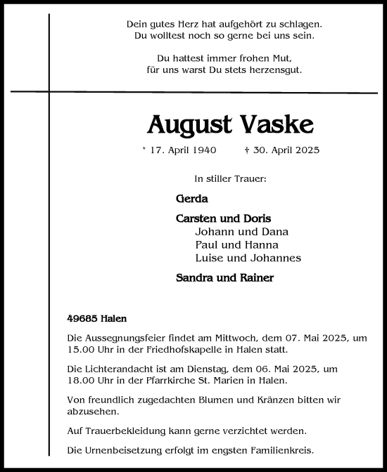 Anzeige von August Vaske von OM-Medien