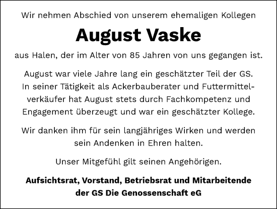 Anzeige von August Vaske von OM-Medien