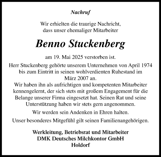 Anzeige von Benno Stuckenberg von OM-Medien