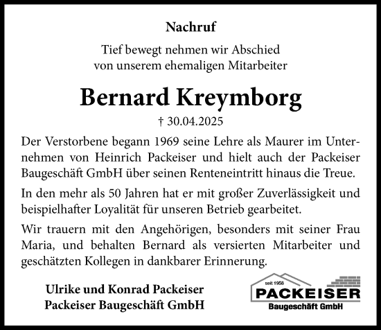 Anzeige von Bernard Kreymborg von OM-Medien