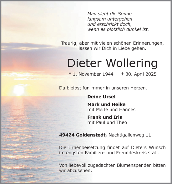 Anzeige von Dieter Wollering von OM-Medien