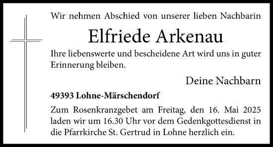 Anzeige von Elfriede Arkenau von OM-Medien
