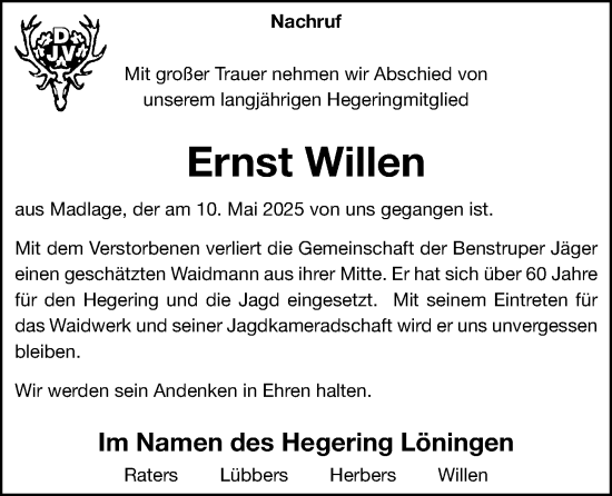 Anzeige von Ernst Willen von OM-Medien