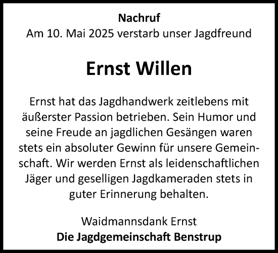 Anzeige von Ernst Willen von OM-Medien