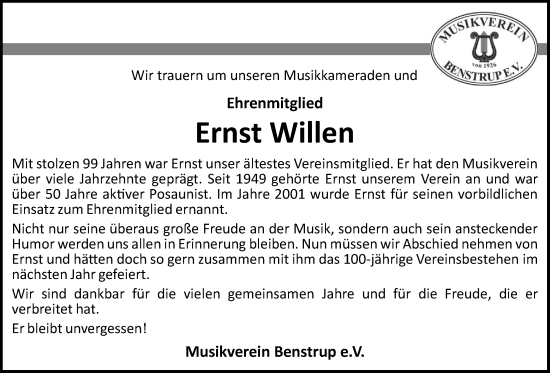 Anzeige von Ernst Willen von OM-Medien
