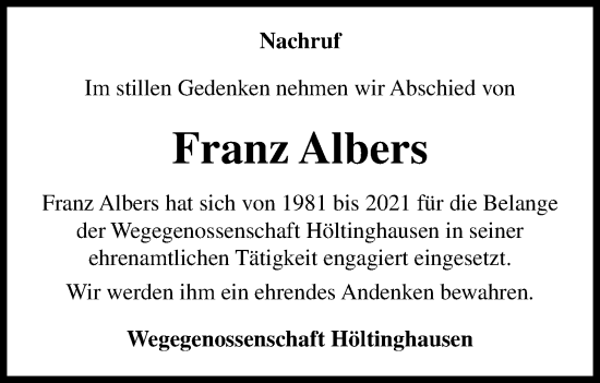 Anzeige von Franz Albers von OM-Medien