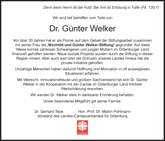 Anzeige von Günter Welker von OM-Medien