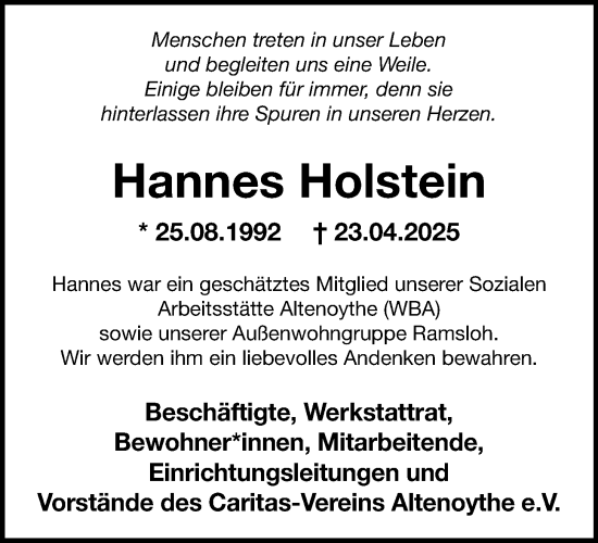 Anzeige von Hannes Holstein von OM-Medien
