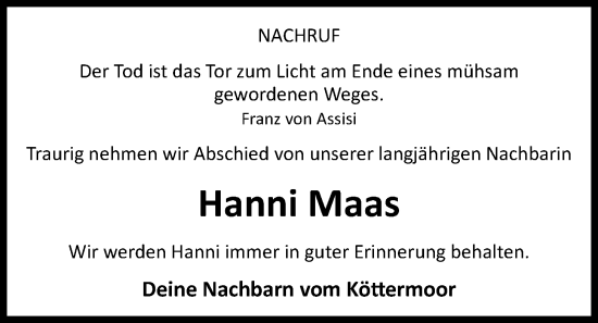 Anzeige von Hanni Maas von OM-Medien