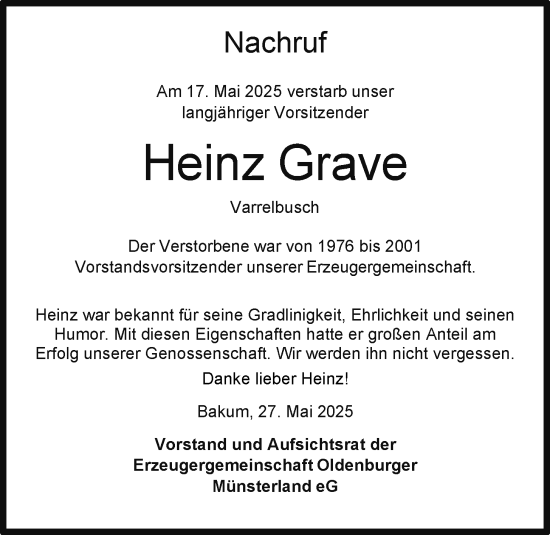 Anzeige von Heinz Grave von OM-Medien