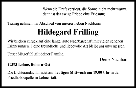 Anzeige von Hildegard Frilling von OM-Medien
