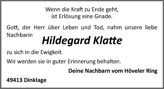 Anzeige von Hildegard Klatte von OM-Medien