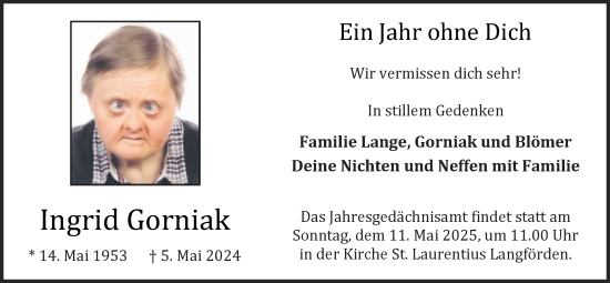 Anzeige von Ingrid Gorniak von OM-Medien