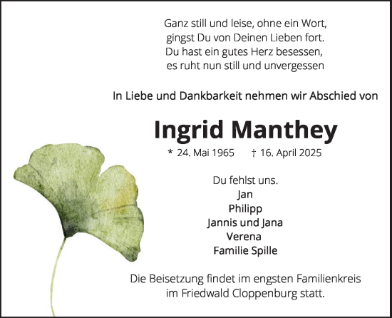 Anzeige von Ingrid Manthey von OM-Medien