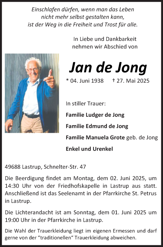 Anzeige von Jan de Jong von OM-Medien