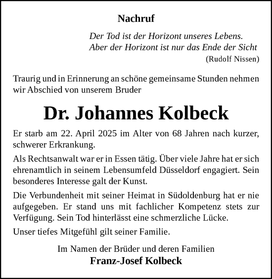 Anzeige von Johannes Kolbeck von OM-Medien