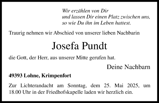 Anzeige von Josefa Pundt von OM-Medien