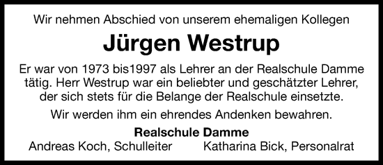 Anzeige von Jürgen Westrup von OM-Medien