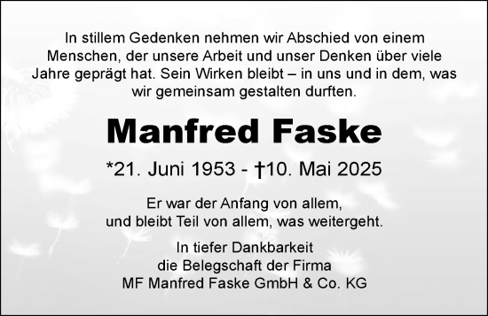 Anzeige von Manfred Faske von OM-Medien