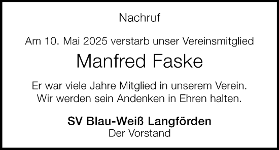 Anzeige von Manfred Faske von OM-Medien