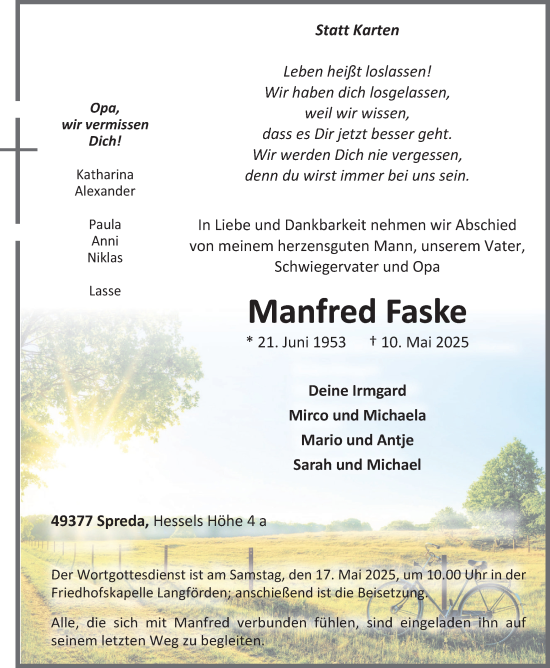Anzeige von Manfred Faske von OM-Medien