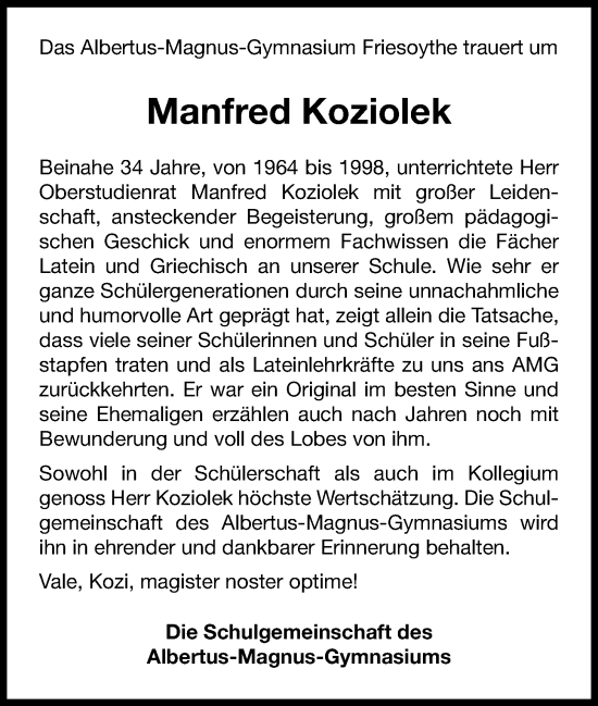 Anzeige von Manfred Koziolek von OM-Medien