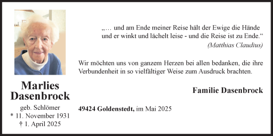 Anzeige von Marlies Dasenbrock von OM-Medien