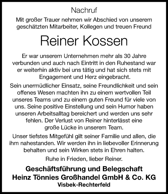 Anzeige von Reiner Kossen von OM-Medien