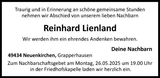 Anzeige von Reinhard Lienland von OM-Medien