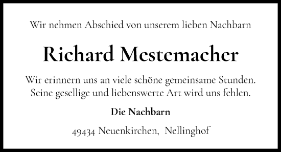 Anzeige von Richard Mestemacher von OM-Medien