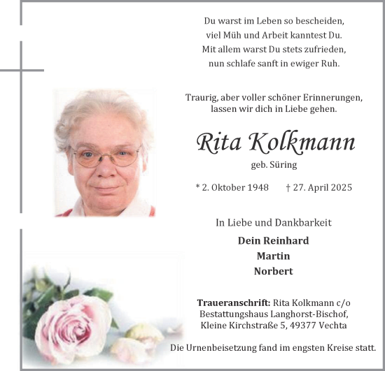 Anzeige von Rita Kolkmann von OM-Medien