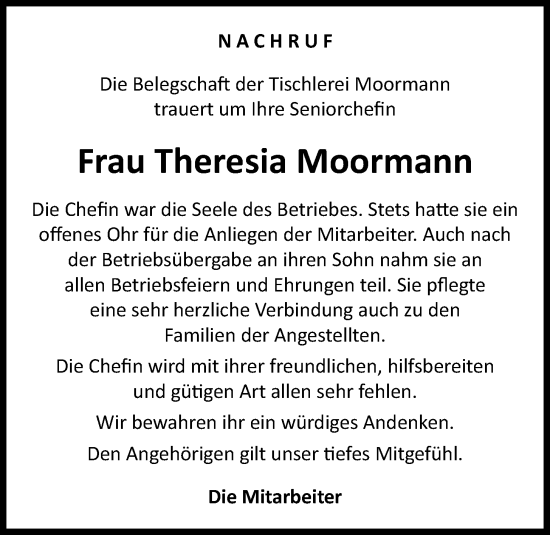 Anzeige von Theresia Moormann von OM-Medien