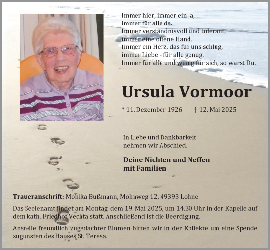 Anzeige von Ursula Vormoor von OM-Medien