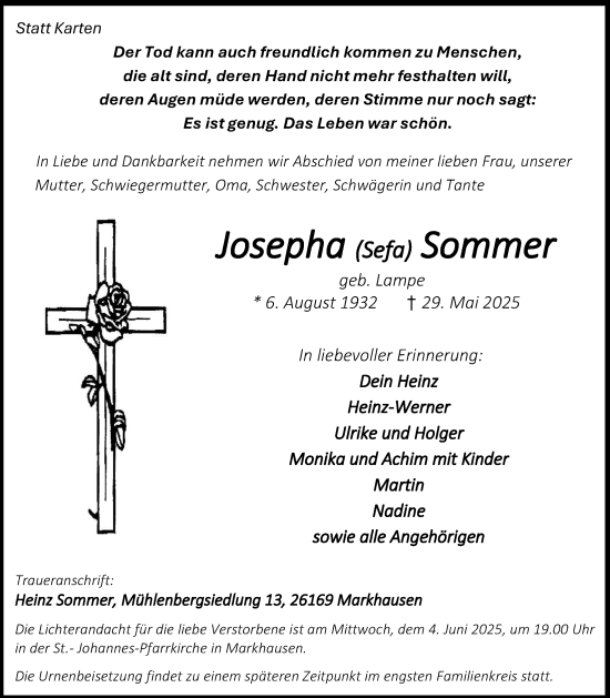 Anzeige von Josepha Sommer  von OM-Medien