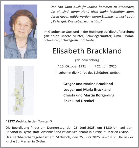 Anzeige von Elisabeth Brackland  von OM-Medien