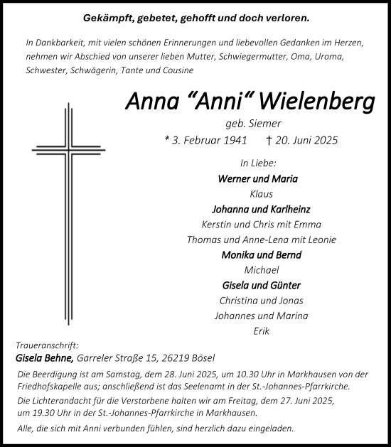 Anzeige von Anna Wielenberg von OM-Medien