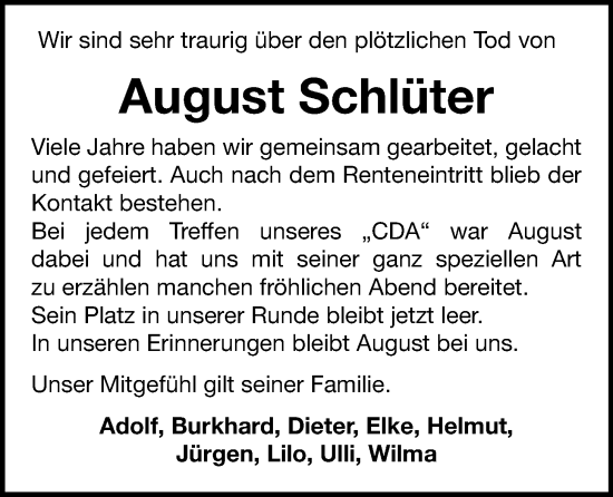 Anzeige von August Schlüter von OM-Medien