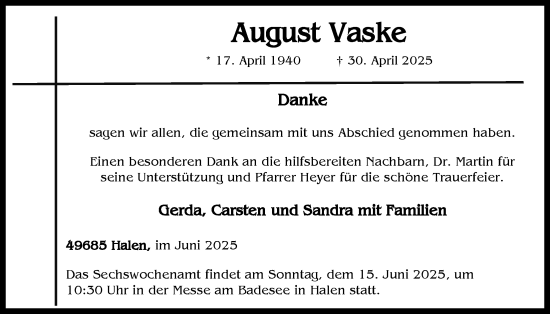 Anzeige von August Vaske von OM-Medien