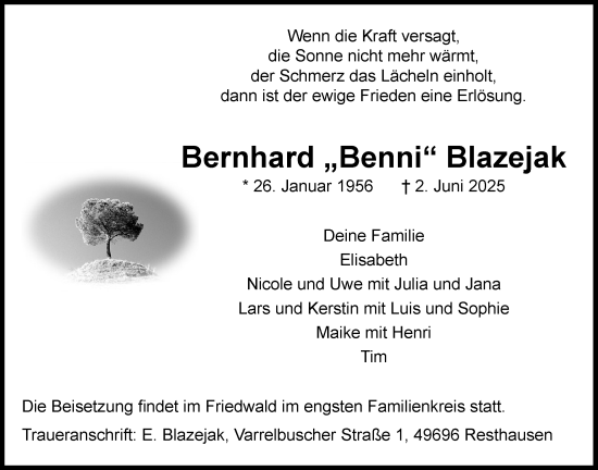 Anzeige von Bernhard Blazejak von OM-Medien