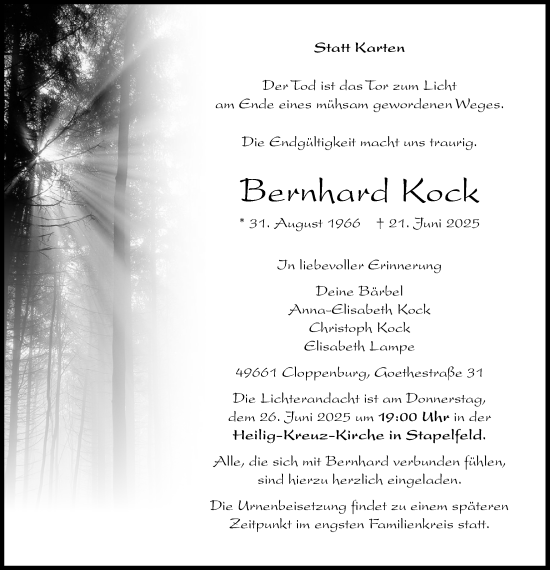 Anzeige von Bernhard Kock von OM-Medien