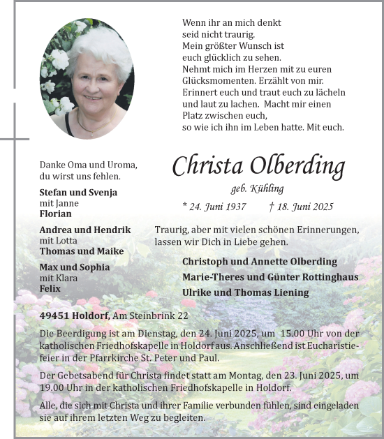 Anzeige von Christa Olberding von OM-Medien