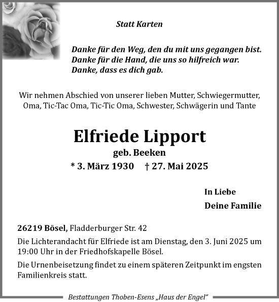 Anzeige von Elfriede Lipport von OM-Medien