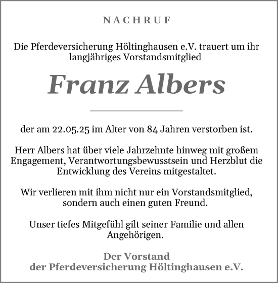 Anzeige von Franz Albers von OM-Medien