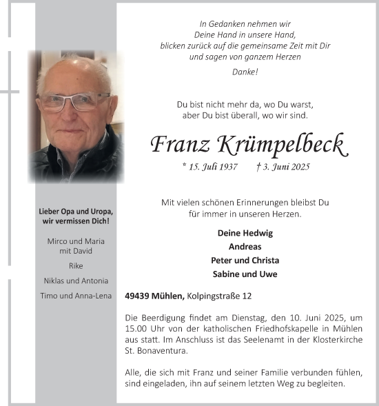 Anzeige von Franz Krümpelbeck von OM-Medien