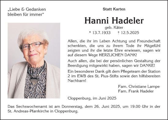 Anzeige von Hanni Hadeler von OM-Medien