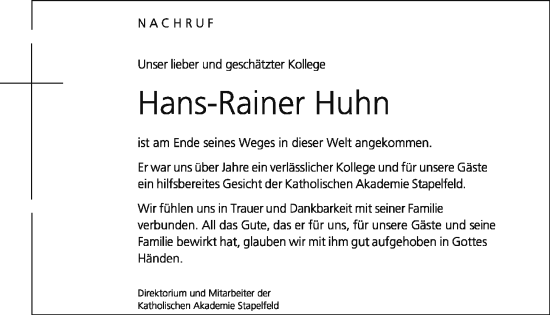 Anzeige von Hans-Rainer Huhn von OM-Medien