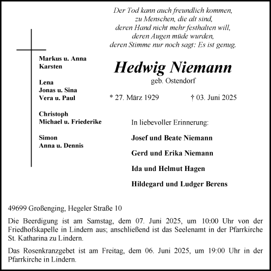 Anzeige von Hedwig Niemann von OM-Medien