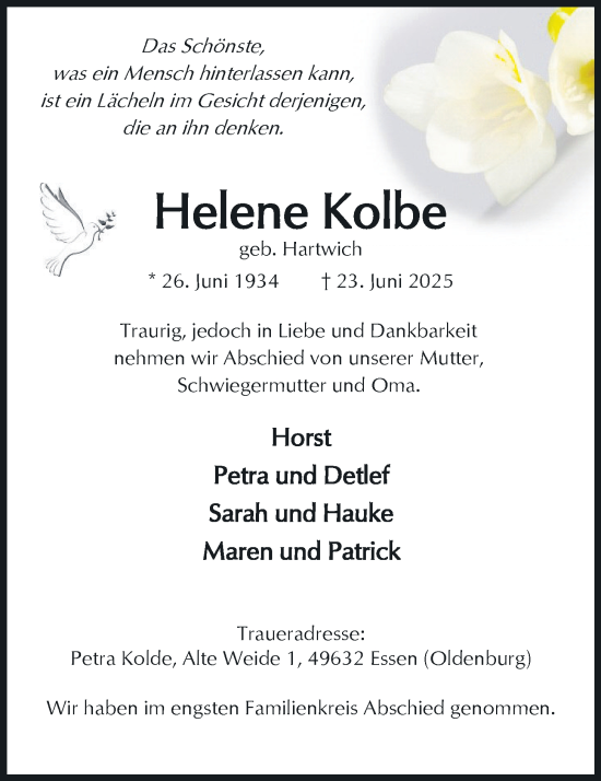 Anzeige von Helene Kolbe von OM-Medien