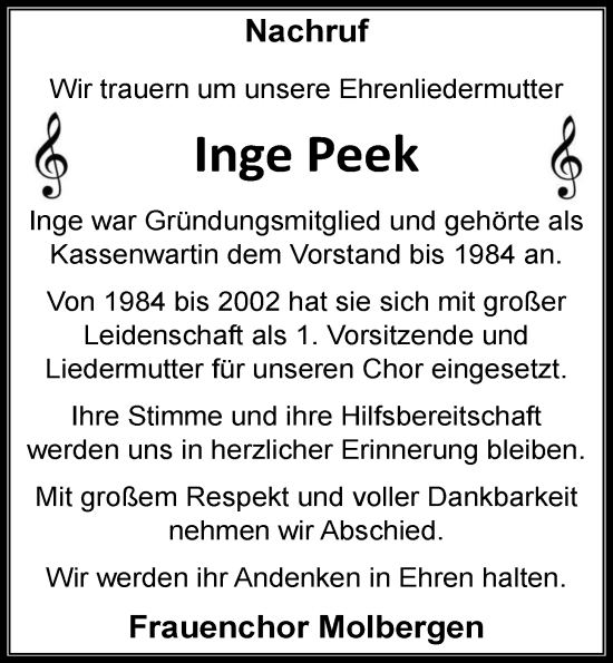 Anzeige von Inge Peek von OM-Medien