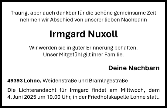 Anzeige von Irmgard Nuxoll von OM-Medien